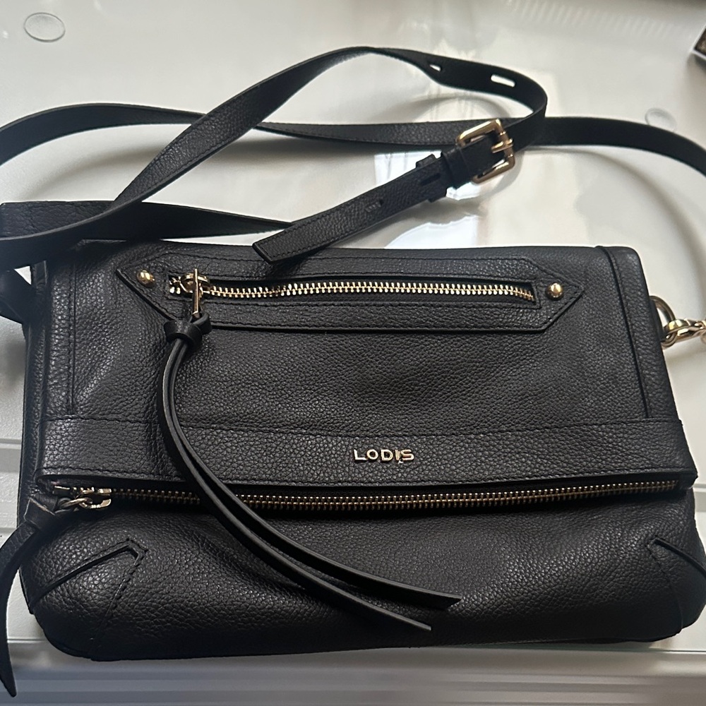 Lodis Black Leather Shoulder Bag with Gold Accents